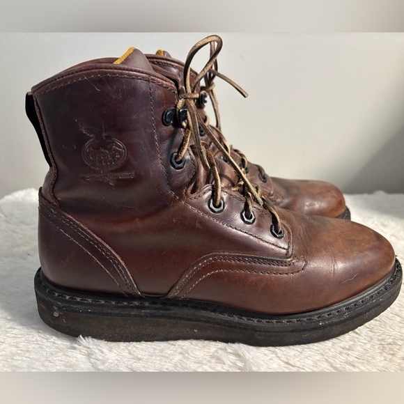 Brown Leather Georgia Boot Wedge Work Boots Leather Laces - Size 8 - Picture 1 of 8